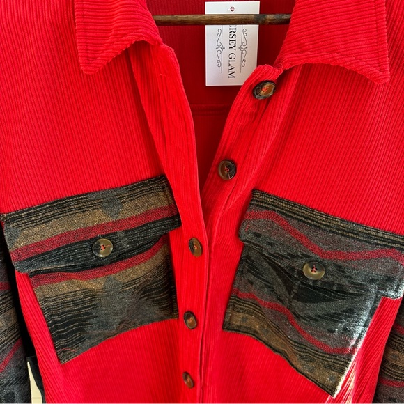 Red Corduroy Aztec Tribal Western Printed Shacket Shirt Jacket - Picture 7 of 7